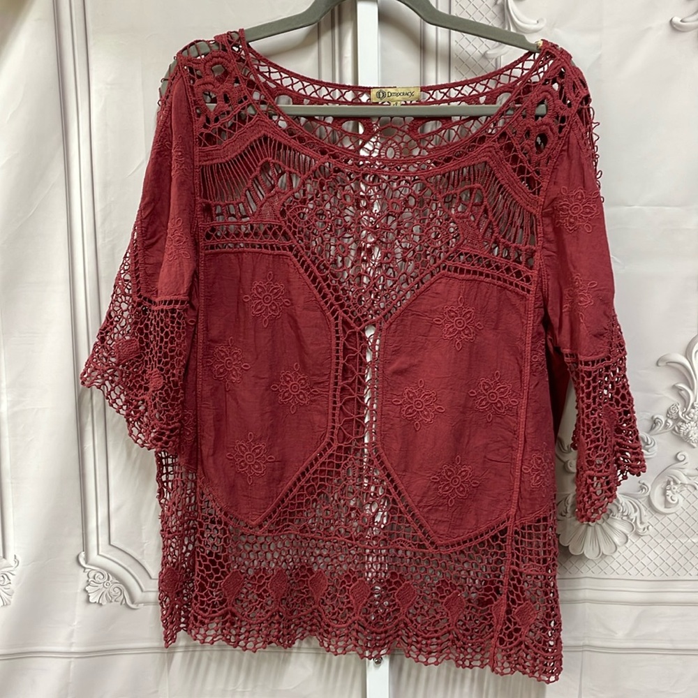 Democracy boho lace embroidered open rose color size small top - Picture 1 of 6